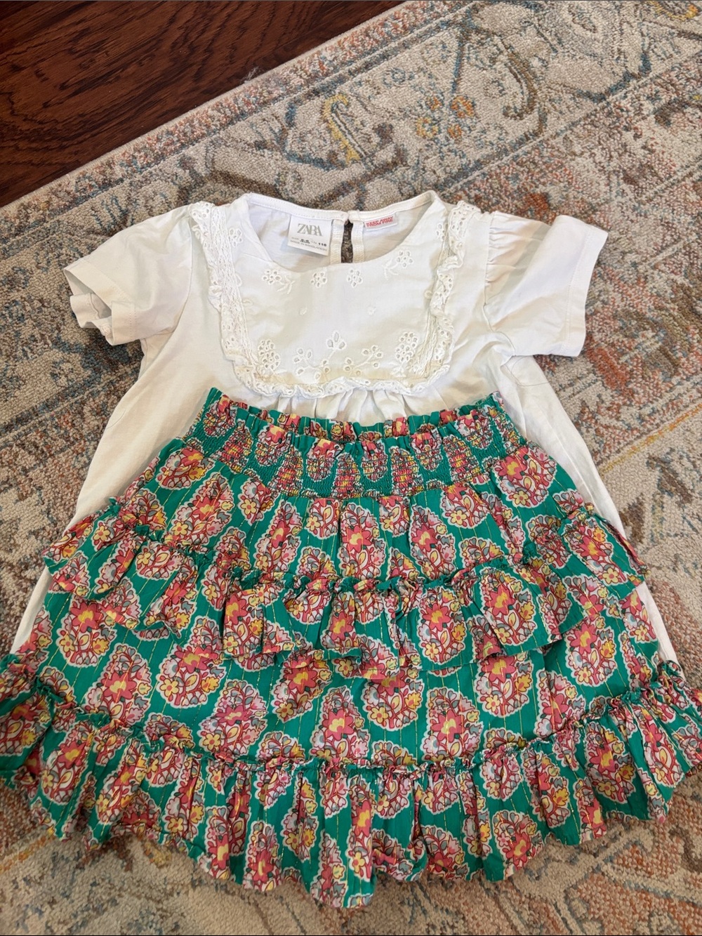 Mini Boden White Eyelet Top with Teal Floral Ruffle Skirt